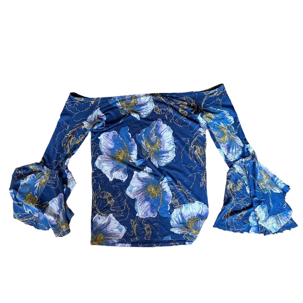 Free People | Birds of Paradise Blue Off Shoulder Floral Bell Sleeves Top Size S - Picture 3 of 9